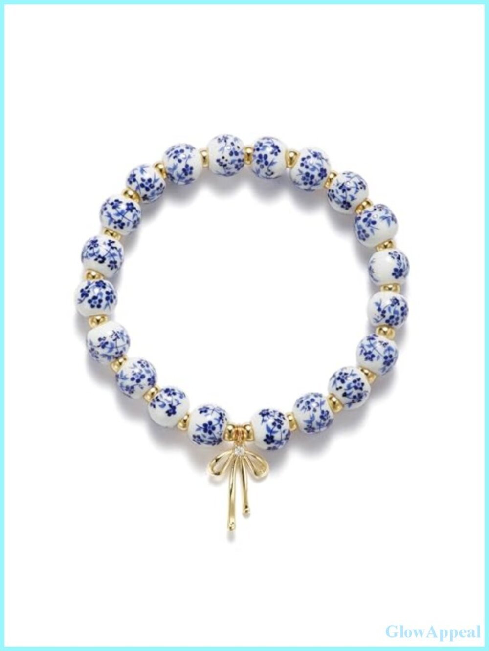 Handmade Beaded Bracelet with Bow Charm Gold Plated 18K Spacers Stretch 7.5 in